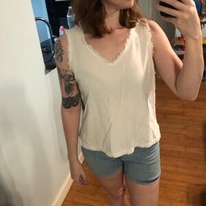 Gilly White cotton linen blend tank top with distressed trim. Size M